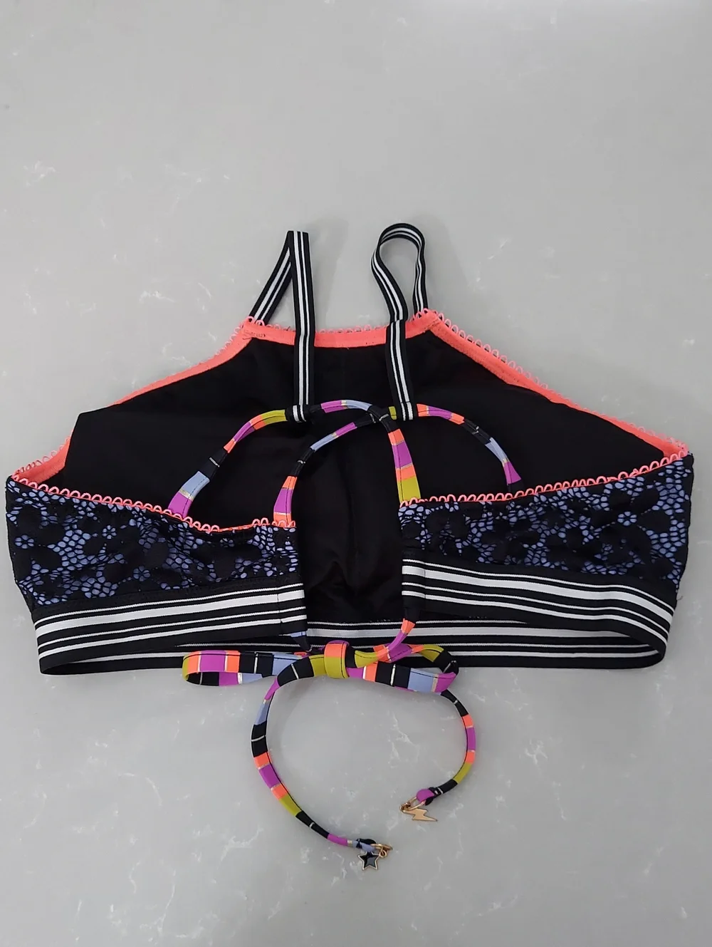 Victorias Secret Crop Top, Size L, Bikini, Black Lace, Colorful Accents